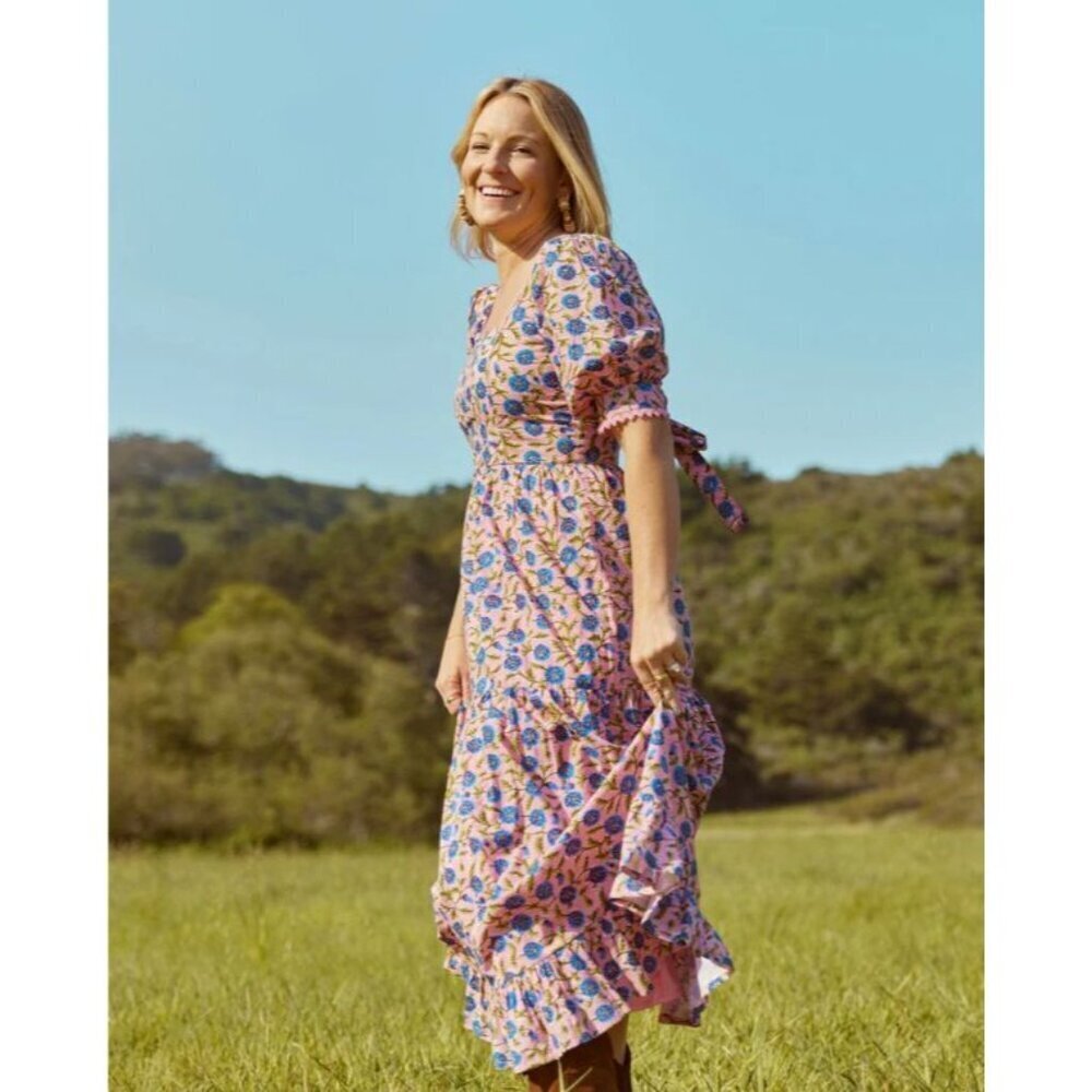 Eddy Barbara Square Neck 100% BCI Cotton Dress Pale Magenta & Indigo Floral 16 - Picture 4 of 9